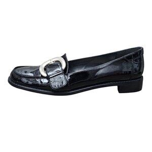 Stuart Weitzman Black Patent Leather Buckle Slip On Loafer Shoe